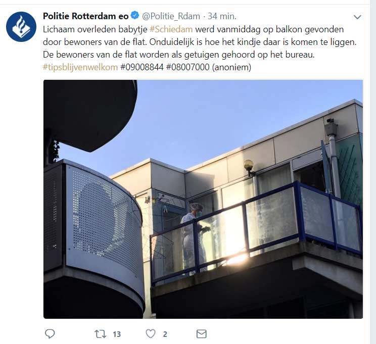 Dode baby op balkon woning aangetroffen in Schiedam