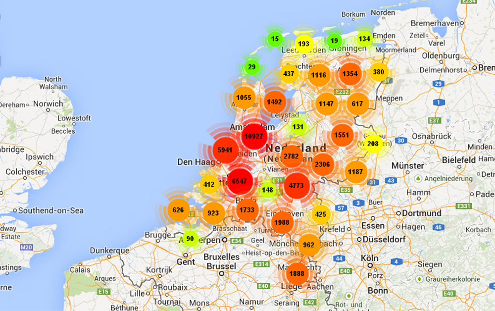 Screenshot van overzichtkaart vuurwerkoverlast | Vuurwerkoverlast.nl