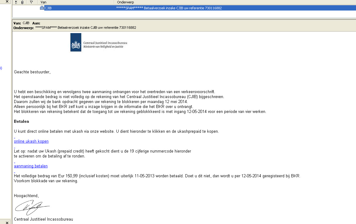 Foto van valse phishing mail CJIB | Archief EHF