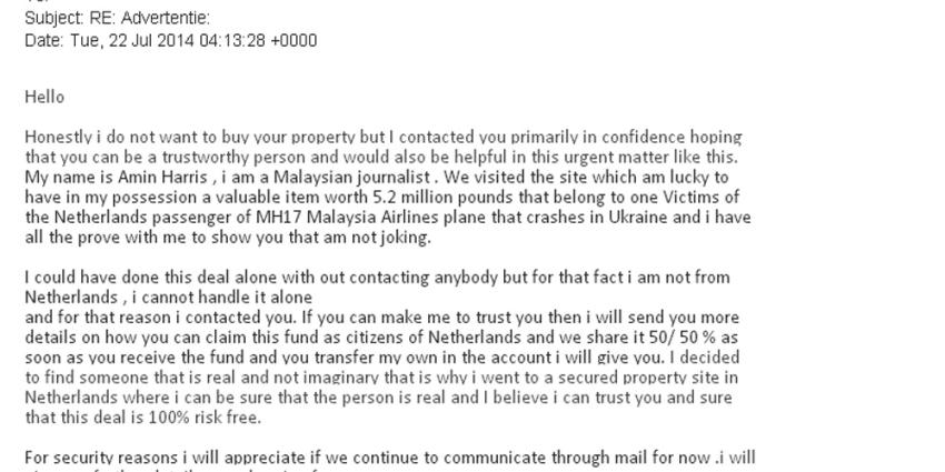 Fraudehelpdesk:gewetenloze fraudeurs storten zich op vliegtuigramp MH17