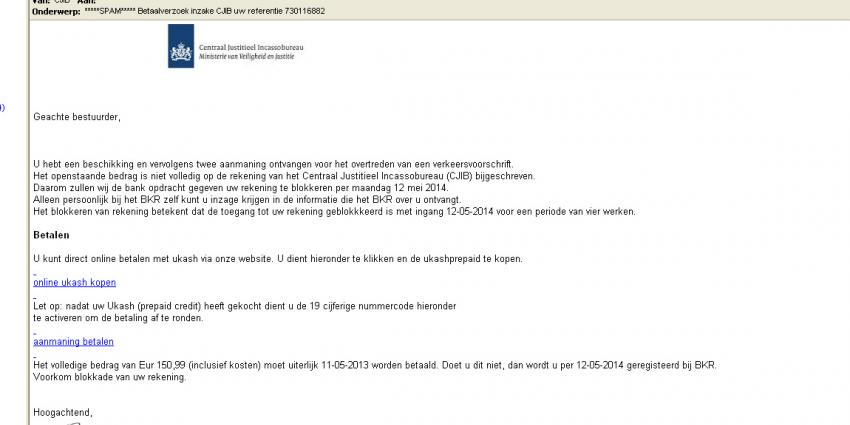 Foto van valse phishing mail CJIB | Archief EHF