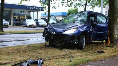 Peugeotbestuurder knalt op boom tegenover de dealer