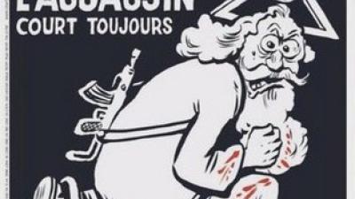 Jaar na aanslag komt Charlie Hebdo met god, kalasjnikov en bloed op cover