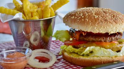 hamburger, patat, saus, eten, fastfood